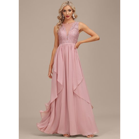 A-Line Scoop Illusion Floor-Length Chiffon Lace Evening Dress With Cascading Ruffles