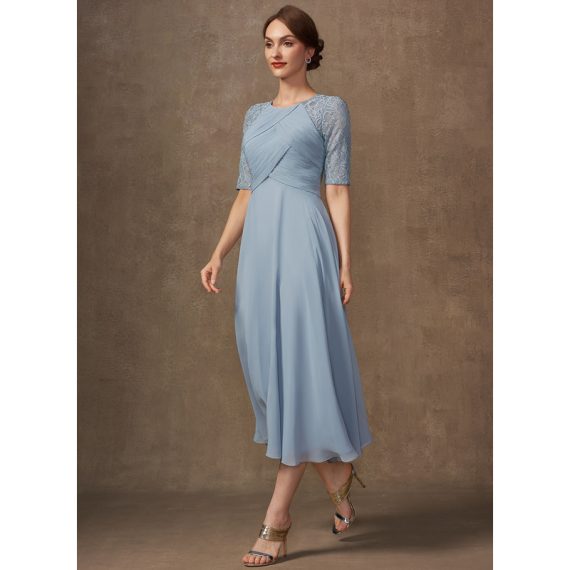 A-line Scoop Tea-length Chiffon Lace Cocktail Dress With Ruffle