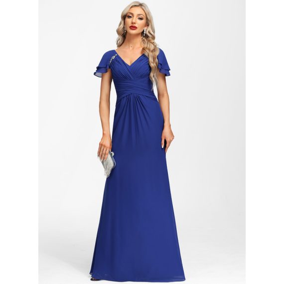 Sheath/Column V-neck Floor-Length Chiffon Evening Dress With Beading Pleated