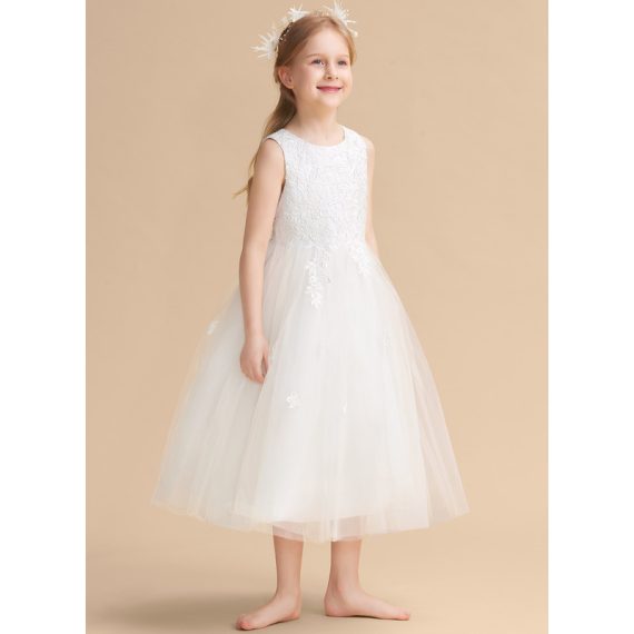A-line Scoop Tea-Length Satin/Tulle Flower Girl Dress