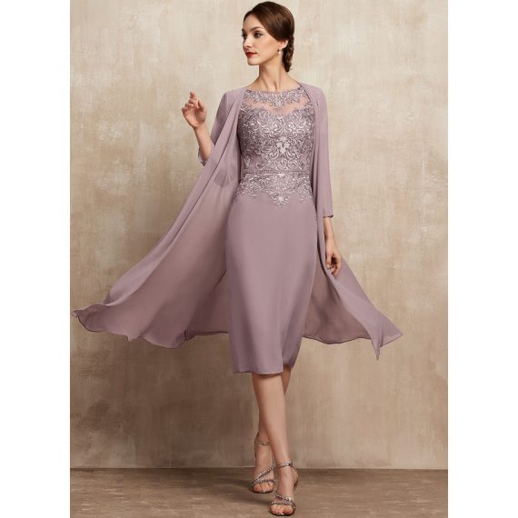 Sheath/Column Scoop Illusion Knee-Length Chiffon Lace Mother of the Bride Dress With Beading Sequins
