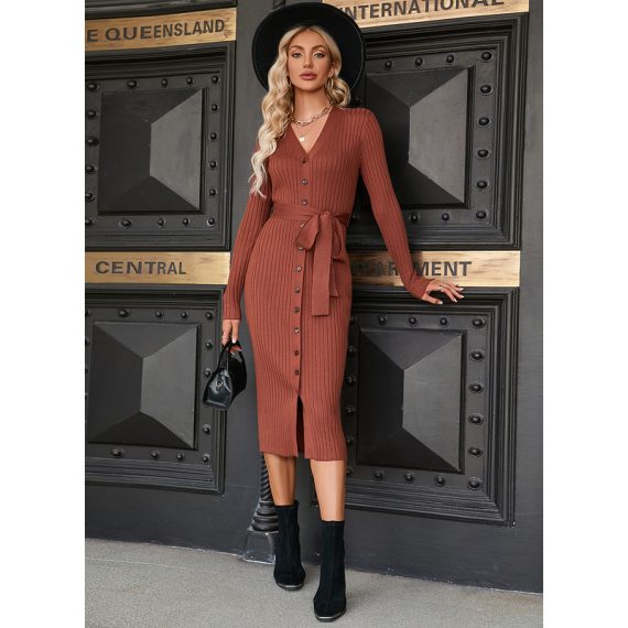 Split Front Button V-Neck Long Sleeves Elegant Bodycon Cotton Blends Midi Dresses