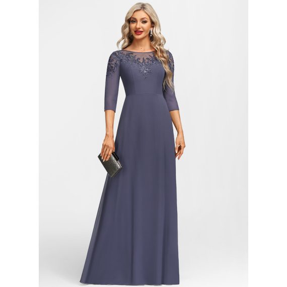A-Line Scoop Illusion Floor-Length Chiffon Evening Dress With Appliques Lace Rhinestone