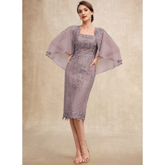 Sheath/Column Square Knee-length Chiffon Lace Mother of the Bride Dress With Sequins