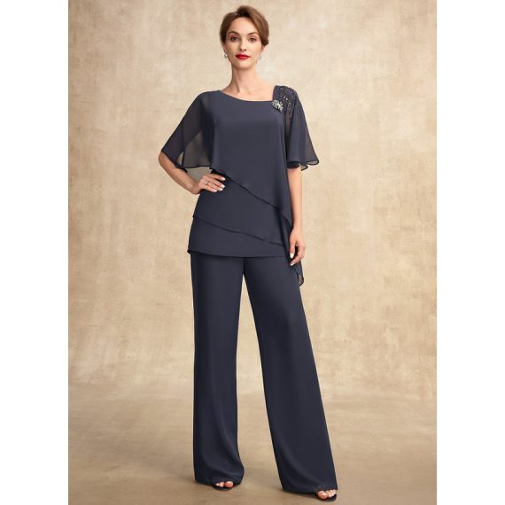 Jumpsuit/Pantsuit Separates Asymmetrical Floor-Length Chiffon Mother of the Bride Dress With Beading Sequins