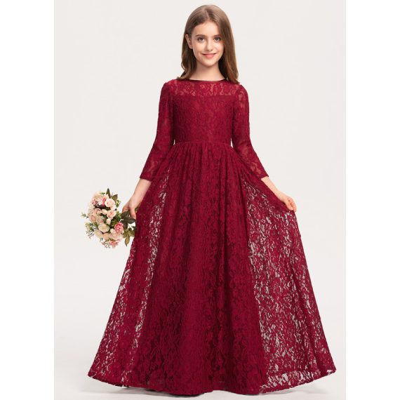 A-Line Scoop Floor-Length Chiffon Lace Junior Bridesmaid Dress