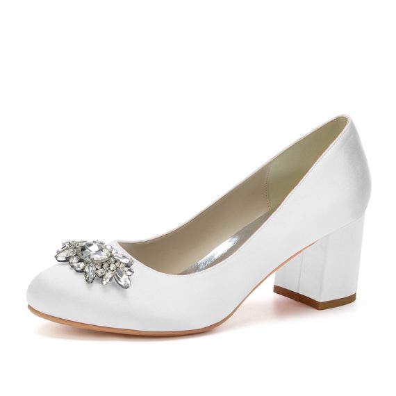Women's Satin Block Heel Closed Toe With Rhinestone