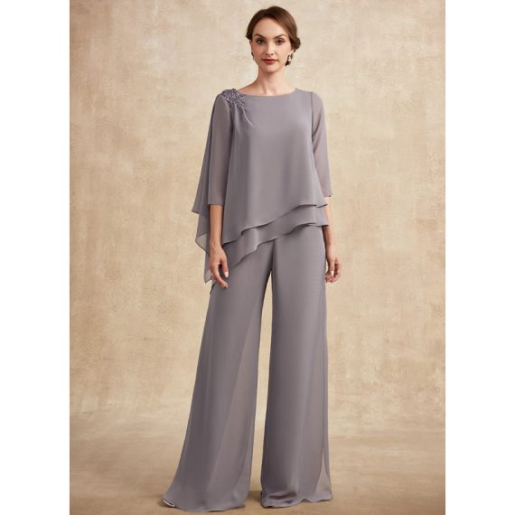 Jumpsuit/Pantsuit Separates Scoop Floor-Length Chiffon Mother of the Bride Dress With Beading