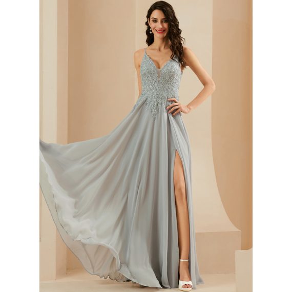 A-line V-Neck Floor-Length Chiffon Lace Prom Dresses With Sequins