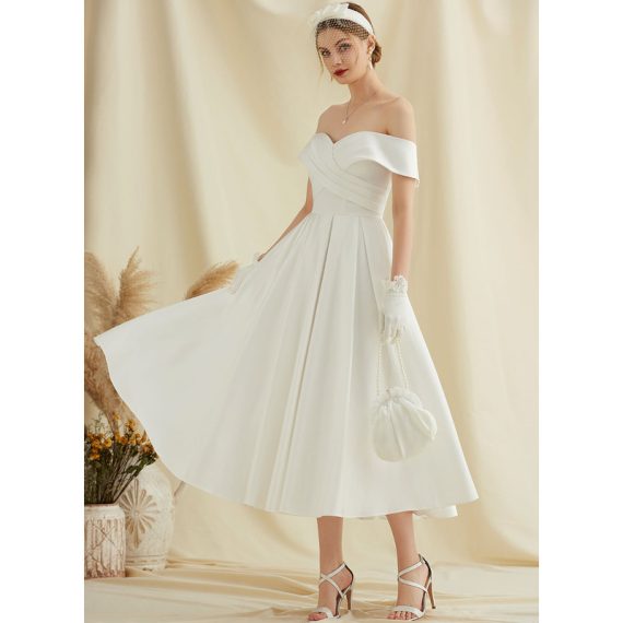 A-Line Tea-Length Satin Wedding Dress