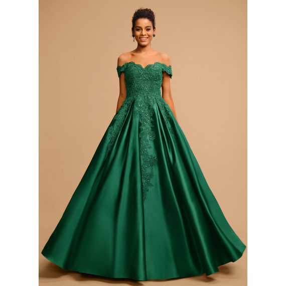 Ball-Gown/Princess Off-the-Shoulder Floor-Length Satin Prom Dresses With Sequins