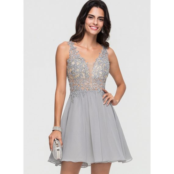 A-Line V-neck Short/Mini Chiffon Homecoming Dress With Beading