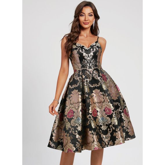 A-Line V-neck Knee-Length Satin Lace Homecoming Dress With Flower(s)