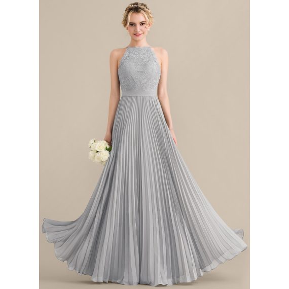 A-Line Scoop Floor-Length Chiffon Lace Bridesmaid Dress With Pleated