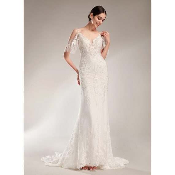 Trumpet/Mermaid V-Neck Chapel Train Lace Tulle Wedding Dress With Beading Sequins