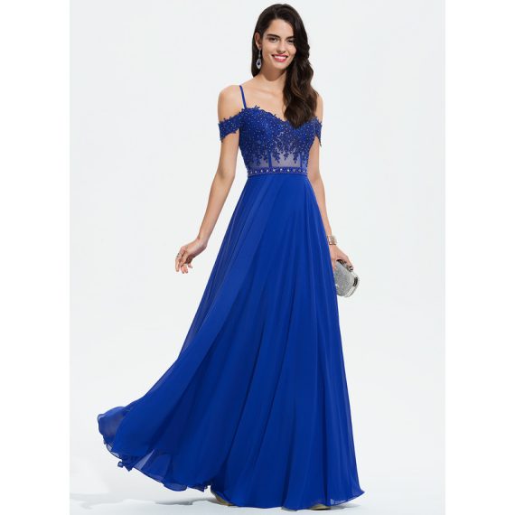 A-line Off the Shoulder Sweetheart Floor-Length Chiffon Prom Dresses With Beading Sequins