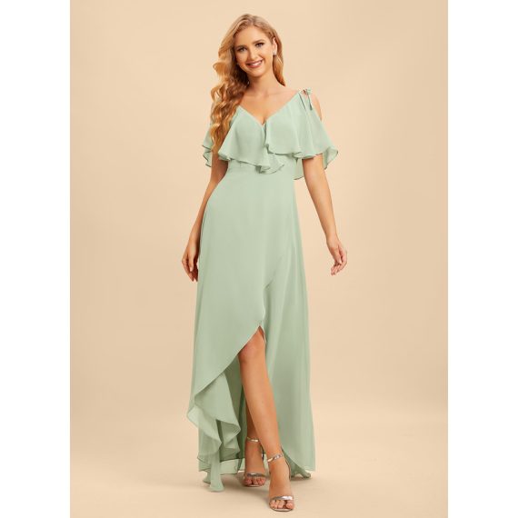 A-Line V-neck Asymmetrical Chiffon Bridesmaid Dress With Ruffle