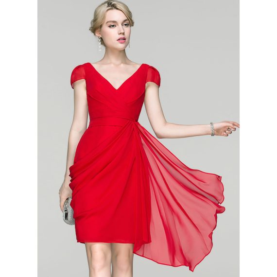 Sheath/Column V-neck Knee-Length Chiffon Cocktail Dress With Ruffle Cascading Ruffles