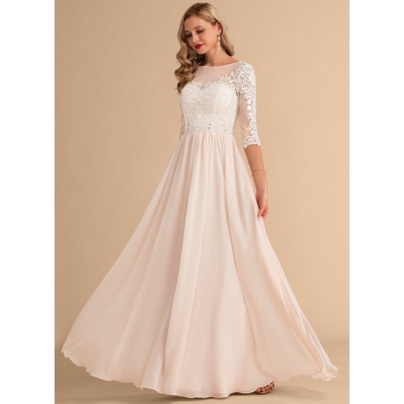 A-Line Illusion Floor-Length Chiffon Lace Wedding Dress With Beading Sequins
