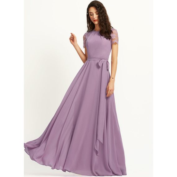 A-Line Scoop Floor-Length Chiffon Lace Bridesmaid Dress