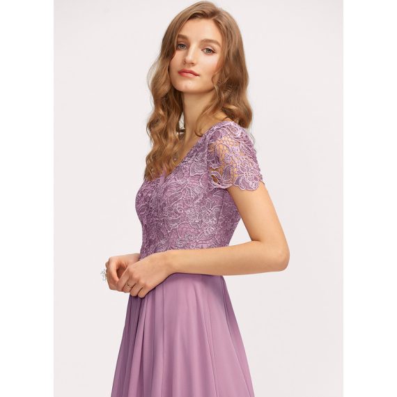A-Line V-neck Floor-Length Chiffon Lace Bridesmaid Dress With Split Front