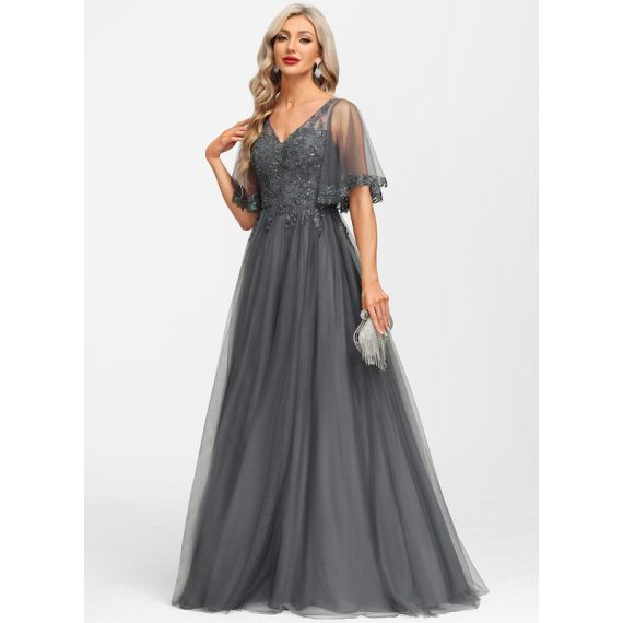 A-Line V-neck Floor-Length Tulle Lace Evening Dress With Sequins