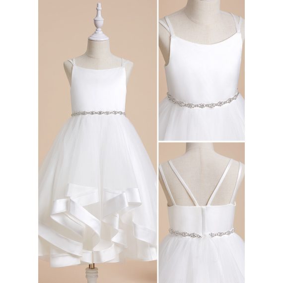 A-line Square Tea-Length Satin/Tulle Flower Girl Dress