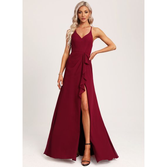 A-Line V-neck Floor-Length Chiffon Bridesmaid Dress