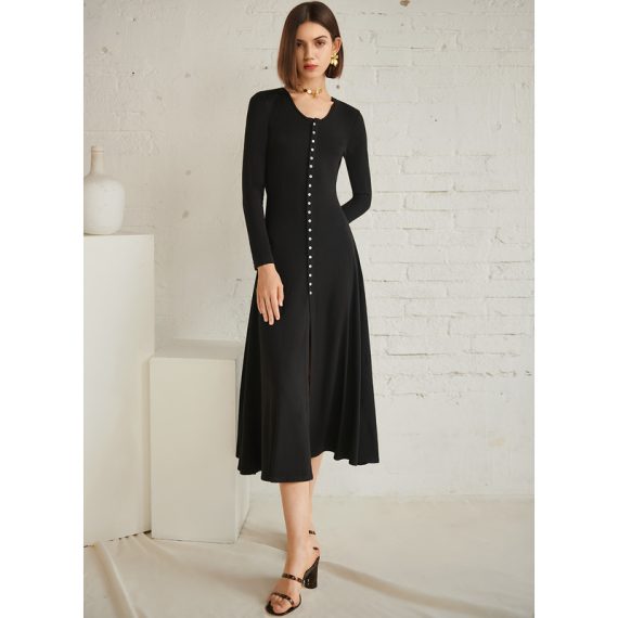 Round Neck Long Sleeves Sexy A-line Cotton Blends Midi Dresses