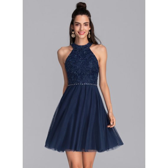 A-Line Scoop Short/Mini Tulle Lace Homecoming Dress With Beading