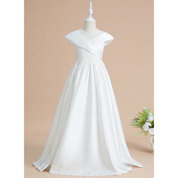 Ball-Gown/Princess Scoop Sweep Train Lace/Satin Flower Girl Dress