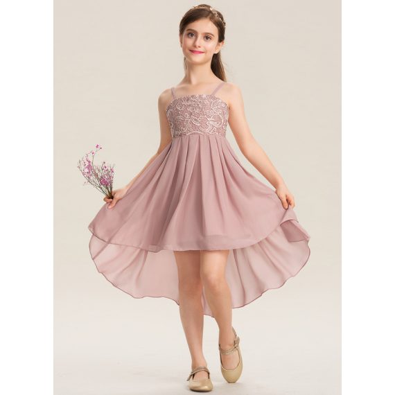 A-Line Square Asymmetrical Chiffon Lace Junior Bridesmaid Dress