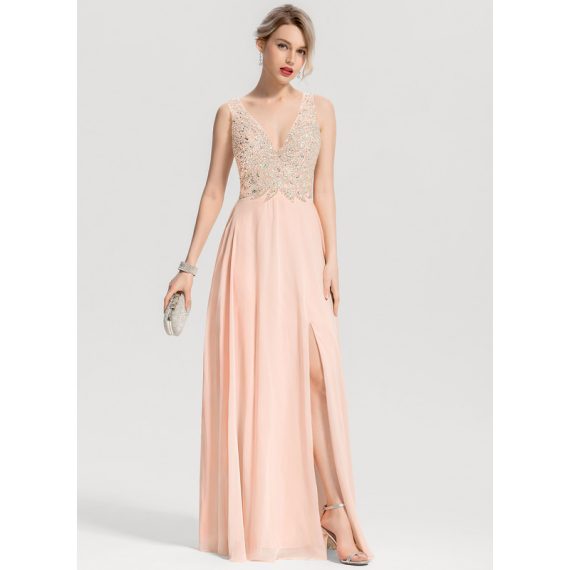 A-line V-Neck Floor-Length Chiffon Prom Dresses With Beading Sequins