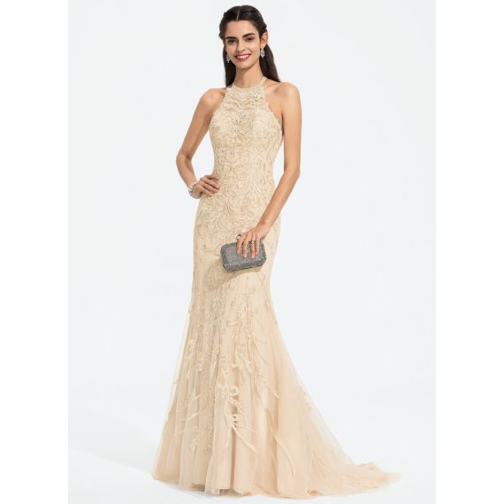Trumpet/Mermaid Scoop Sweep Train Lace Tulle Prom Dresses With Sequins