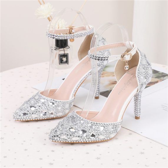 Women's Leatherette Stiletto Heel High Heel Closed Toe With ankle strap Rhinestone