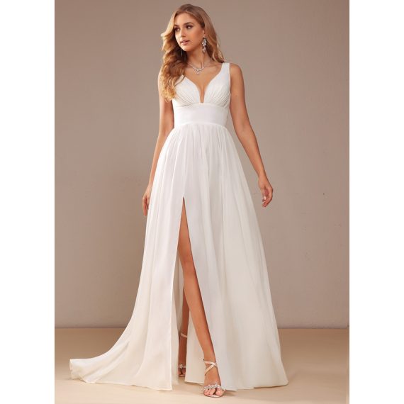A-Line V-neck Sweep Train Chiffon Wedding Dress