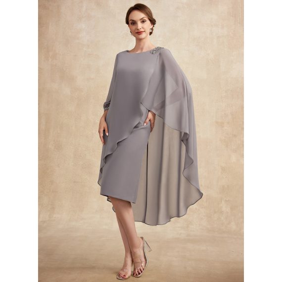 Sheath/Column Scoop Knee-length Chiffon Mother of the Bride Dress With Beading