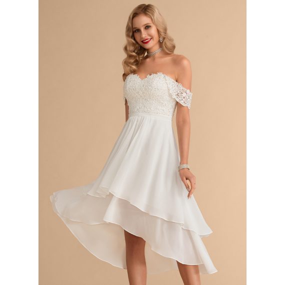 A-Line Off-the-Shoulder Asymmetrical Chiffon Lace Wedding Dress With Beading Sequins