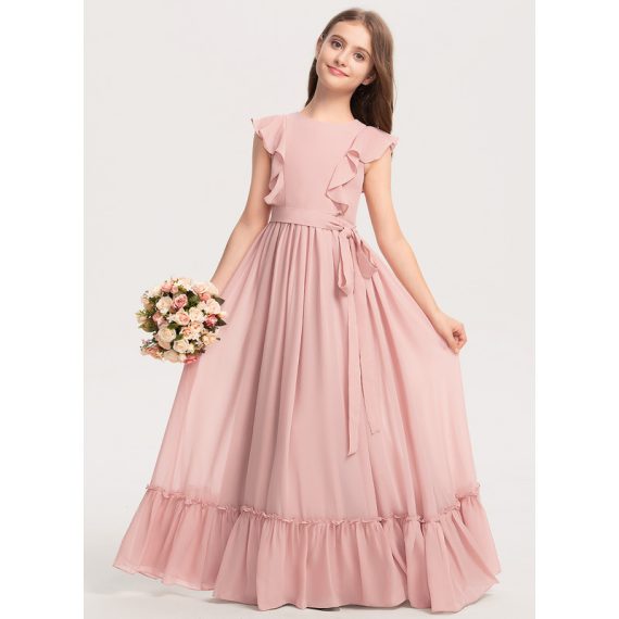 A-Line Scoop Floor-Length Chiffon Junior Bridesmaid Dress With Bow(s) Cascading Ruffles