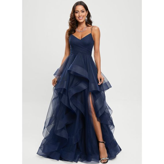 Ball-Gown/Princess V-Neck Asymmetrical Tulle Prom Dresses