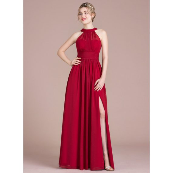 A-Line Scoop Neck Floor-Length Chiffon Bridesmaid Dress With Ruffle Bow(s) Split Front