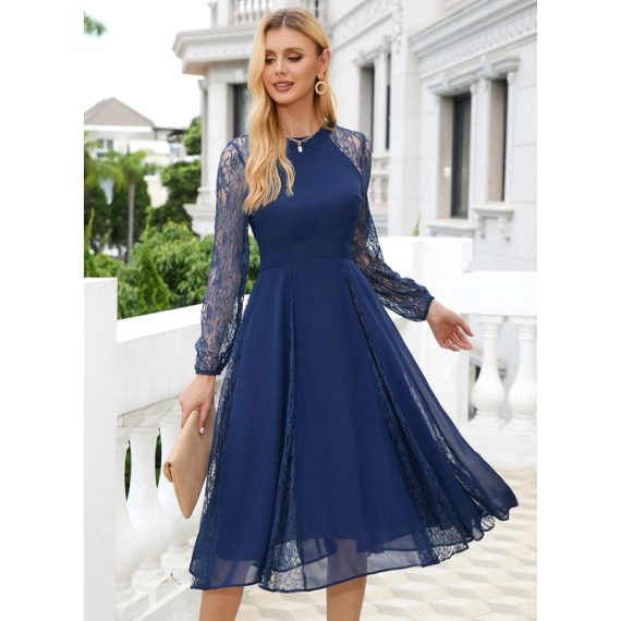 Lace Round Neck Long Sleeves Elegant A-line Chiffon Midi Dresses