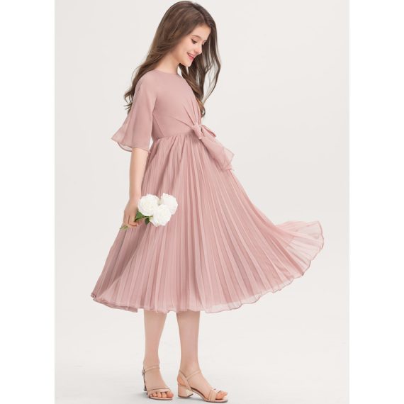 A-Line Scoop Knee-Length Chiffon Junior Bridesmaid Dress With Bow(s) Pleated