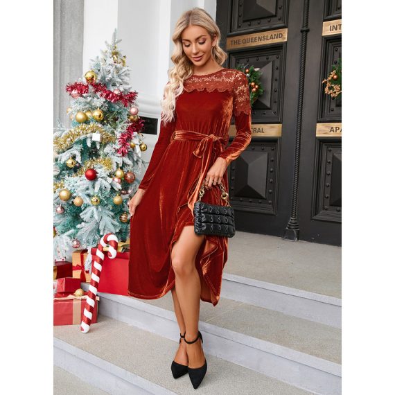 Round Neck Long Sleeves Elegant A-line Velvet Dresses