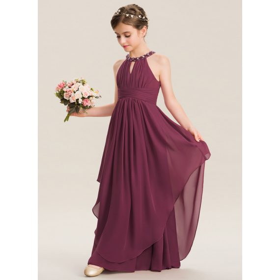 A-Line Halter Floor-Length Chiffon Junior Bridesmaid Dress With Beading