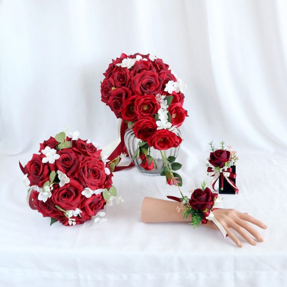 Cascade Silk Flower Wedding Bouquet sets (set of 4) - Wrist Corsage/Boutonniere/Bridal Bouquets/Bridesmaid Bouquets