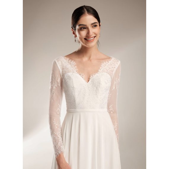 A-Line V-neck Sweep Train Chiffon Lace Wedding Dress