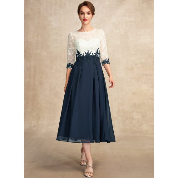 A-line Scoop Tea-length Chiffon Lace Mother of the Bride Dress