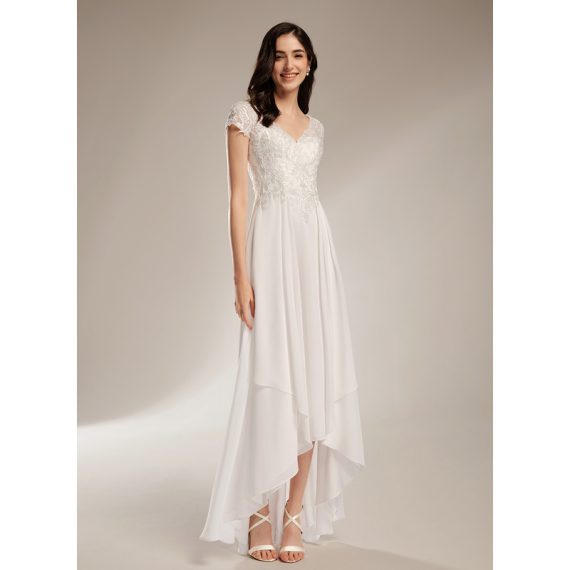 A-Line V-neck Asymmetrical Chiffon Lace Wedding Dress