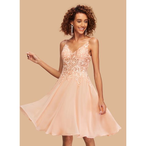 A-Line V-neck Knee-Length Chiffon Lace Homecoming Dress